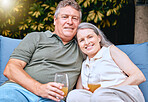 Family, portrait and senior couple with juice on patio, happy and smile while bonding, talking and relax. Love, retirement and elderly man with woman in a garden, hug, relaxing and retired lifestyle