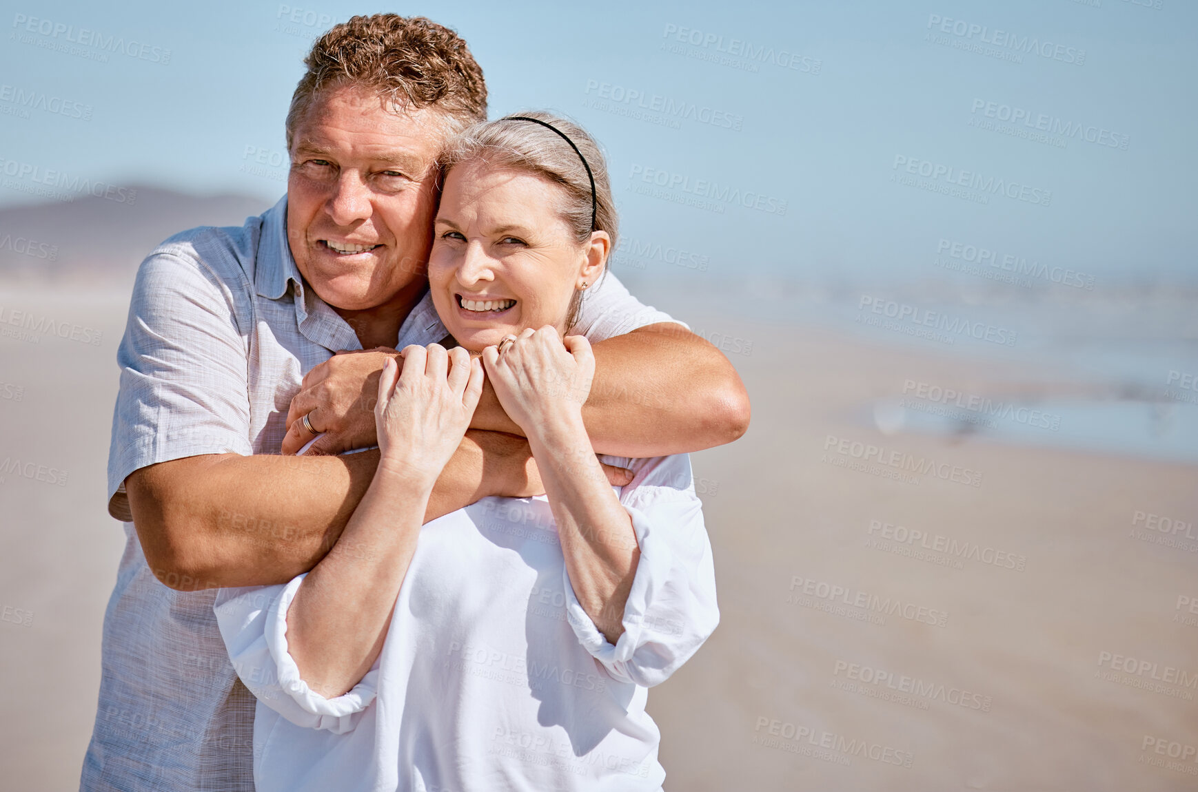 Buy stock photo Happy senior couple on beach, portrait on Sydney seaside holiday in ocean vacation lifestyle. Mature man hugging elderly wife on retirement trip, summer love in sunshine and people smile together