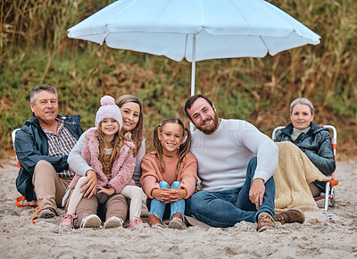 Buy stock photo Beach, sand and portrait of happy family relax on on ocean seashore for peace, freedom and quality time on travel vacation. Love, bond and big family of grandparents, parents and children on holiday