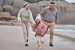 Beach, running and family grandparents with child holding hands for outdoor wellness, energy and development holiday. Happy, excited girl or kid with her grandmother and father run together by sea