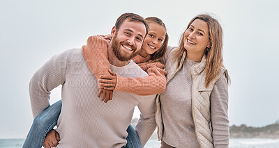 Buy stock photo Happy family, beach vacation and summer travel with child, mom and dad together on adventure by sea with love, support and fun piggy back. Portrait of man, woman and girl outdoor by water for holiday
