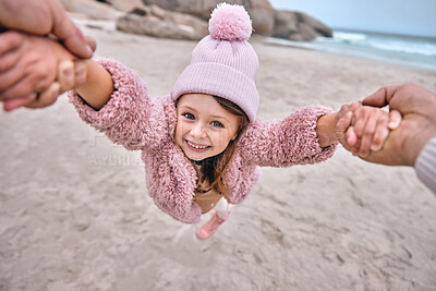 Buy stock photo Girl, father or playing in spinning game on beach, ocean or sea holiday pov in trust, security or love. Portrait, smile or happy child bond with dad, man or parent in fun or exciting nature activity