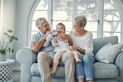 Buy stock photo Happy family, grandparents and baby on sofa together talking, bonding and helping with child language development. Elderly retirement people and kid on couch for holiday love, child care and support