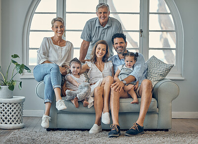 Buy stock photo Family, generations and love, happy together on sofa with portrait in family home, bonding and smile in living room. Grandparents, parents and children, care and spending quality time and big family.