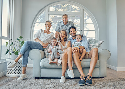Buy stock photo Family, children and grandparents on a sofa in the living room of their home together during a visit. Kids, love and portrait with a mother, father and relatives sitting on a couch while bonding