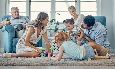 Buy stock photo Family, grandparents and children play on carpet together and relax for learning, teaching and home language development. Happy family, mother and father with kids games or puzzle for mindset growth