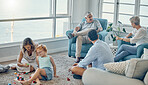 Family, generations and love together in living room with parents, grandparents and child play with toys and bonding. Big family, men with women and kid at home, spending quality time and care.