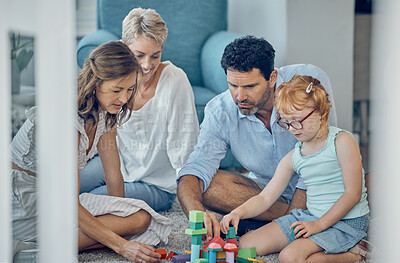 Buy stock photo Learning, education and family playing with toys for fun activity and bonding with young child. Development, toy and generations play with objects to teach kid skills at home while having fun