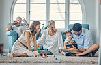 Education, learning and family with a tablet for a child streaming a video, cartoon or game. Happy, relax and girl kid playing on technology with her dad for games and digital social connection