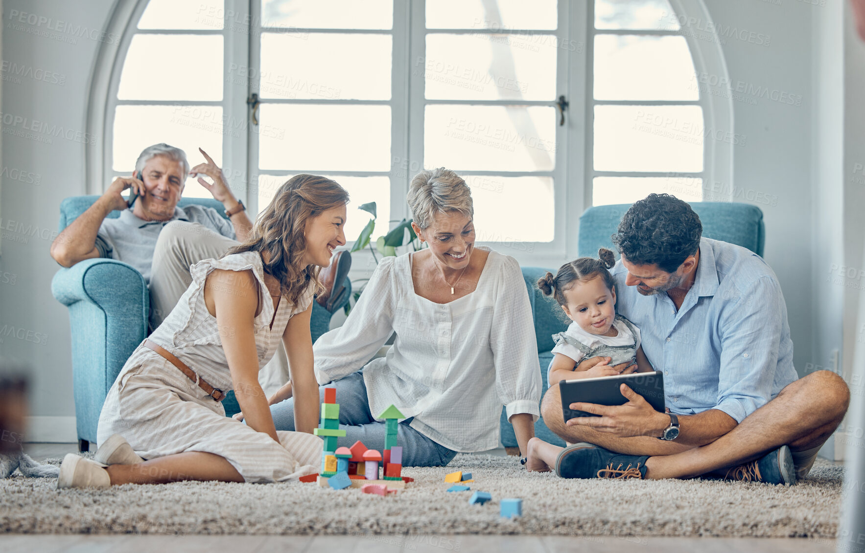 Buy stock photo Education, learning and family with a tablet for a child streaming a video, cartoon or game. Happy, relax and girl kid playing on technology with her dad for games and digital social connection