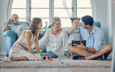 Buy stock photo Family, love and digital tablet on floor with baby, parents and grandma bond, play and relax in living room together. Happy family, girl and generations enjoy quality time on carpet with online game