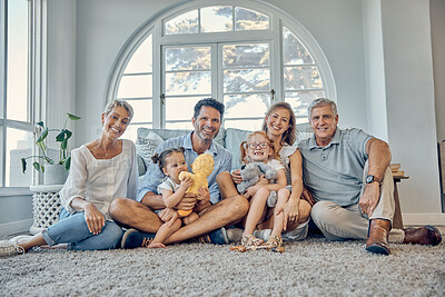 Buy stock photo Family, love and generations together in family home, happy in portrait for quality time and bonding. Care, smile and grandparents with parents and children in living room, big family and happiness.