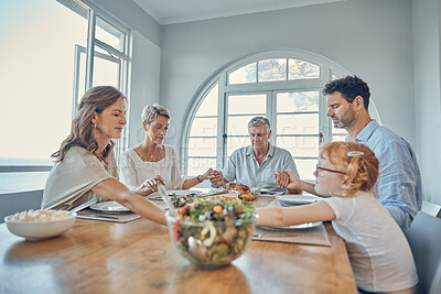 Buy stock photo Lunch, praying and family together at dining room table in home. Grandparents, child and parent teaching grace or spiritual religion prayer respect to kid before dinner in religious retirement house