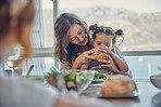 Mother, baby at lunch and drinking juice with family at dining room patio table, by the sea and on holiday. Girl child, loving mom and people bonding with food at seaside summer house for vacation 

