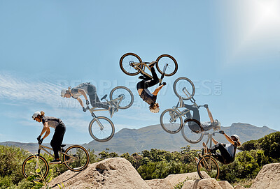 Buy stock photo Cycling, mountain bike and jump for sports speed trick in training adventure outdoors. Exercise bike, freedom and healthy man on fitness workout for active cardio lifestyle motivation in nature