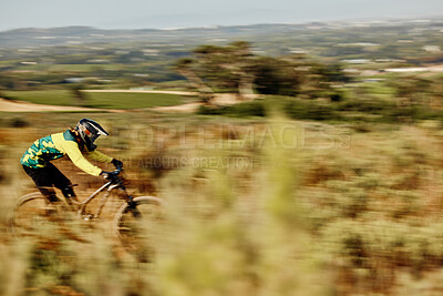 Buy stock photo Mountain bike speed, race motion blur and extreme sports outdoor on dirt track in nature for competition. Bicycle man ride, cycling adventure and action danger and fast athlete to win contest in bush