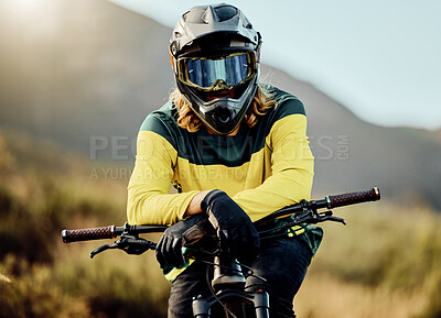 Buy stock photo Dirt bike, bicycle and athlete portrait to ride in competitive cycling competition for adventure. Extreme sport, moto and rider waiting for cycle sport and activity for fitness and health