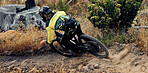 Mountain bike speed, dust on ground from fast drift turn and race, rally or competition outdoor. Extreme sports cycling, sand dirt rocks and cyclist man, ride to win contest or downhill on mountain