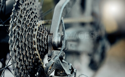 Buy stock photo Cycling speed, bicycle gears and chain, cycle speed mechanic wheels of metal, iron or steel closeup. Mountain bike back wheel, extreme sports and fitness exercise riding on outdoor adventure trail.