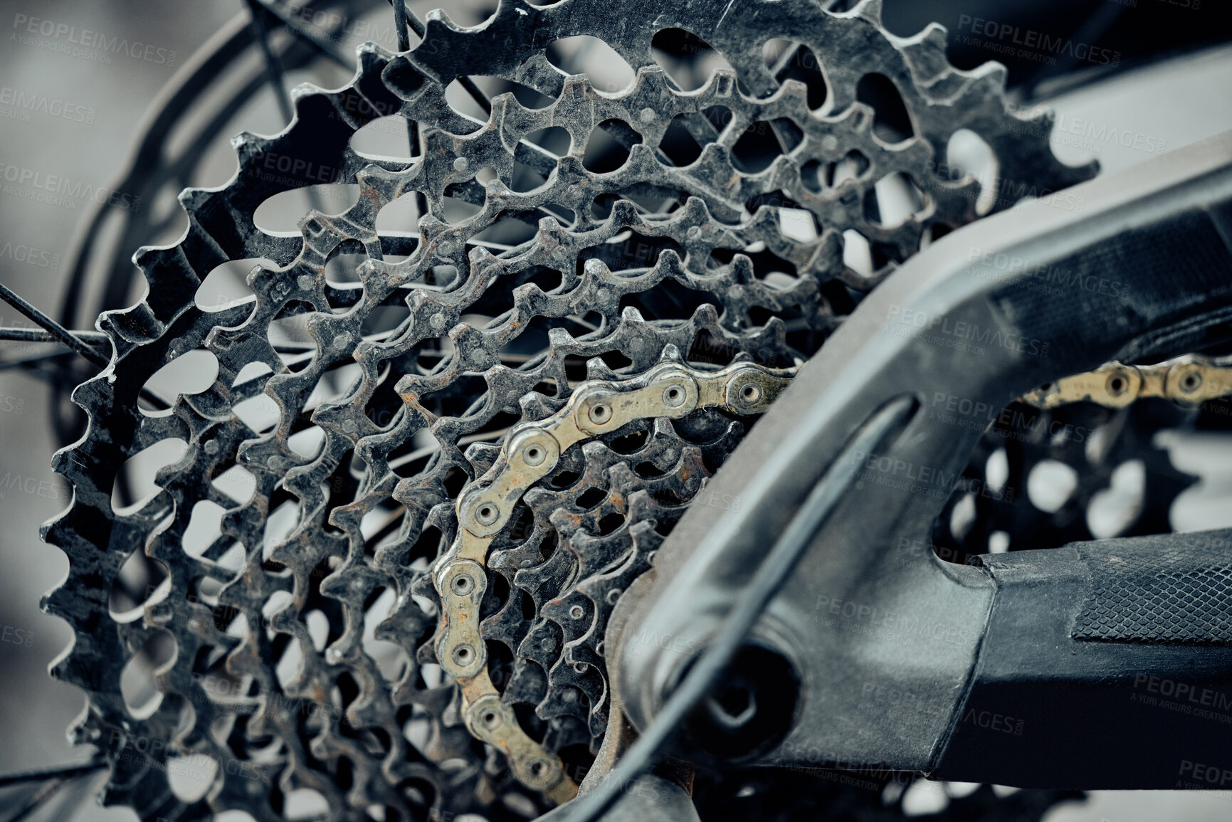 Buy stock photo Bicycle, metal chain or wheel cassette in repair workshop, retail bike store or home garage in fixing, oil maintenance or upgrading. Zoom, texture or steel cycling mechanical engineering for bmx tire