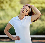 Woman, tennis and stretching neck, exercise and training on court for warm up exercise, workout and health outdoor. Active female stretching in healthy sports or practice competitive match or game