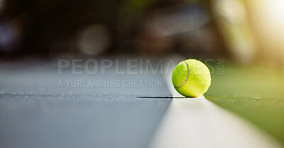 Buy stock photo Tennis court, sports and green ball on floor for exercise, workout and training for mockup athlete background for health and wellness. Fitness, game and sport motivation for competition and cardio 