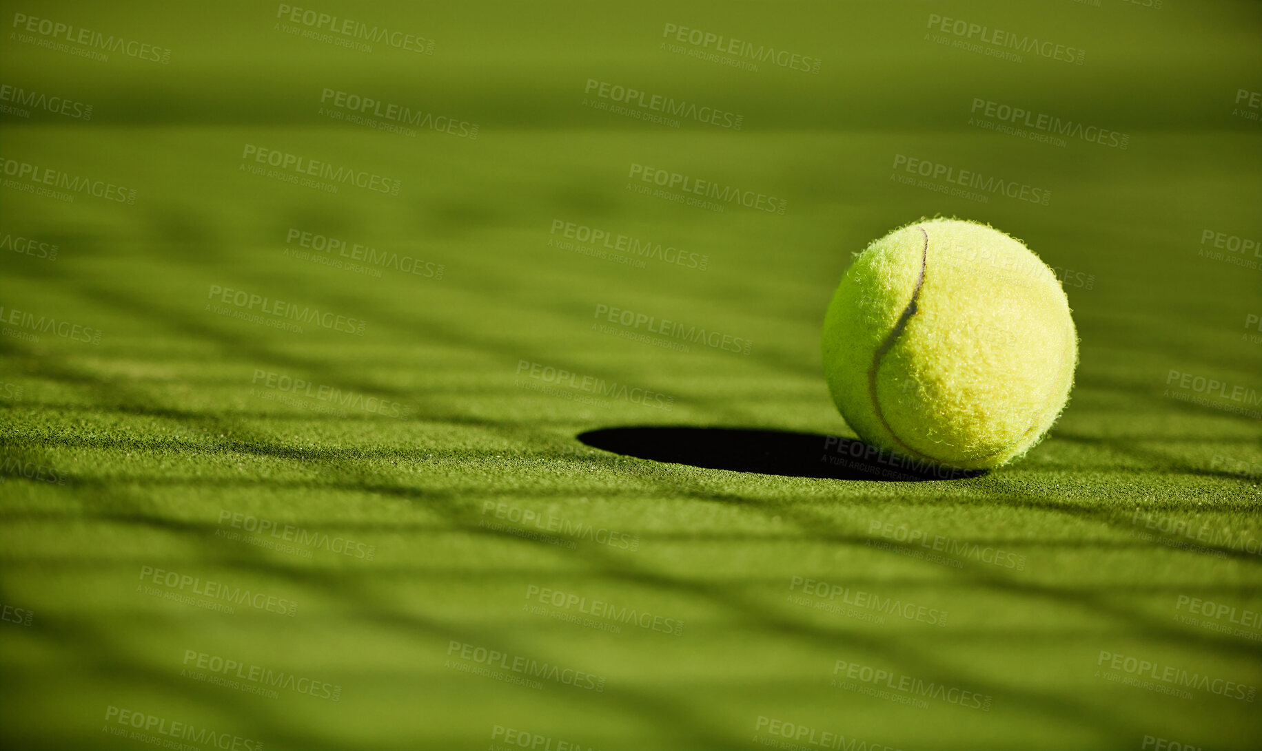 Buy stock photo Tennis, sport and fitness with tennis ball on turf with green closeup and texture, sports match and competition. Training, active and ball on tennis court, outdoor tournament and competitive game.