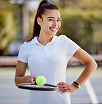 Fitness, woman and portrait smile for tennis sport, exercise or cardio training workout on the court outdoors. Happy female smiling in sports practice holding racket and ball on the tennis court