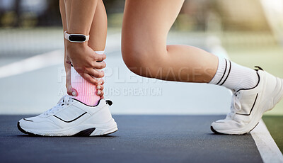 Buy stock photo Woman, ankle pain and fitness injury during healthy fitness workout or sport lifestyle training in park. Medical emergency, running accident and girl hurt muscle or inflamation in cardio exercise