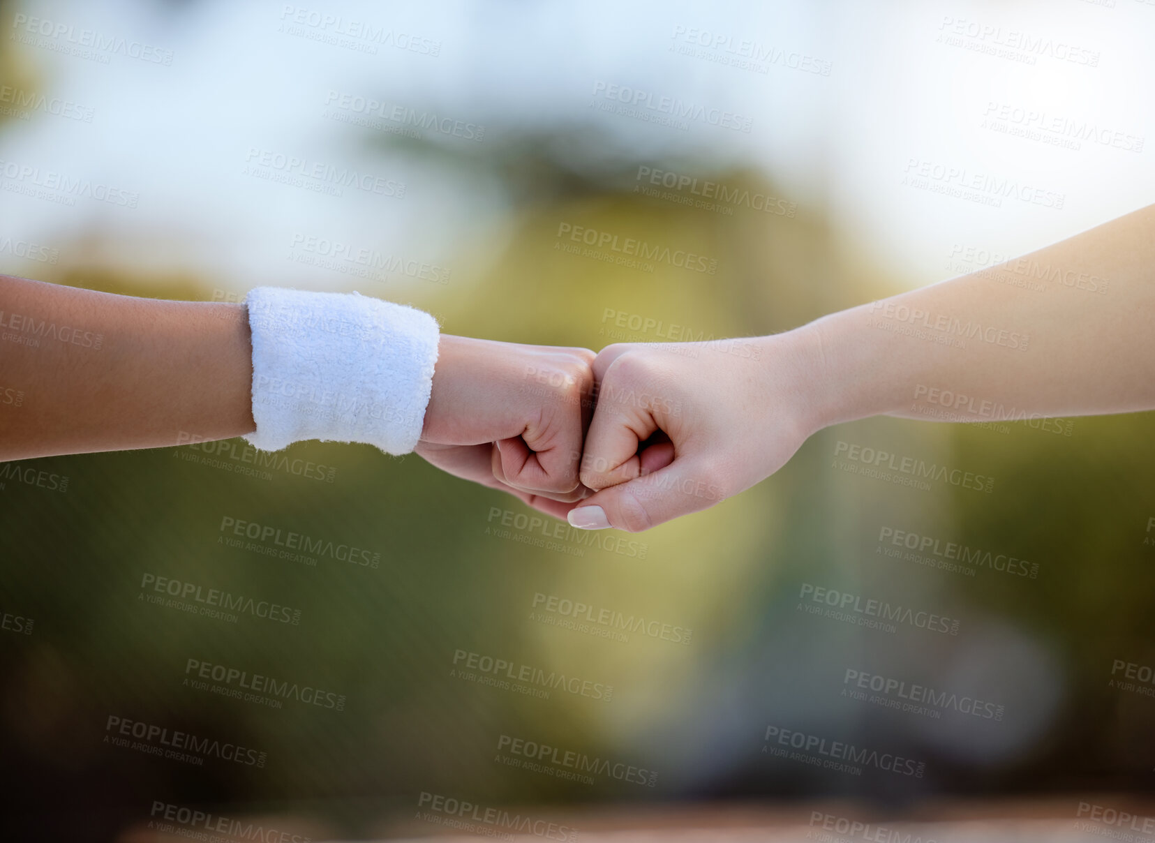 Buy stock photo Tennis, fist bump and people hands in park for competition, collaboration or support in training, workout or fitness. Sports, athlete or health team hand sign for team building, goal or thank you