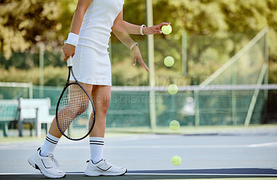 Buy stock photo Woman, tennis and ball bounce on tennis court, training and fitness for game, match or play outdoor in uniform. Sports athlete, workout and exercise for health or wellness with racket and tennis ball