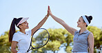 Sports, team high five and tennis friends happy after game win, competition goals or celebrate fitness partnership success. Support, winner and teamwork celebration for exercise, workout or training