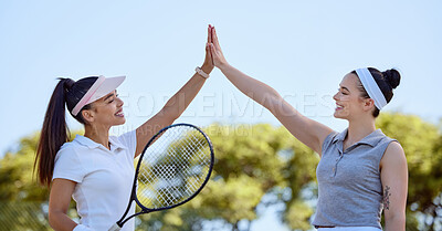 Buy stock photo Sports, team high five and tennis friends happy after game win, competition goals or celebrate fitness partnership success. Support, winner and teamwork celebration for exercise, workout or training