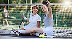 Women, tennis court or phone selfie in fitness bonding, workout break or training for match or competition sports. Happy smile, tennis player friends or photograph on social media mobile technology
