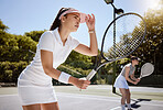 Tennis, fitness and doubles, girl friends in partnership standing on court in summer for friendly match. Sports exercise, happy friendship and teamwork, healthy women ready for game on tennis court.