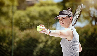 Buy stock photo Sports, tennis and woman serving ball in game, match or competition. Fitness, wellness and female tennis player from Canada ready for exercise, workout or training on field or tennis court mock up.

