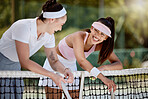 Tennis court, outdoor and sports women talking about game strategy, workout and goals for padel training. Happy athlete or padel tennis friends in conversation for competition support and motivation