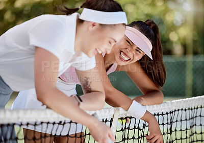 Buy stock photo Friends, joke and laugh after a tennis game, training or workout outdoor. Women, athlete and smile outdoor on tennis court with smile, happy and funny conversation after sports practice or exercise