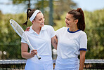 Tennis sports, women and teamwork collaboration for motivation, support and exercise at competition in tennis court. Young athlete girl friends, fitness workout and coach training for match success