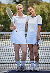Tennis, smile and portrait of woman on tennis court ready 
 to play game, match and training together. Fitness, sports and girls standing on outdoor court before workout, exercise and competition