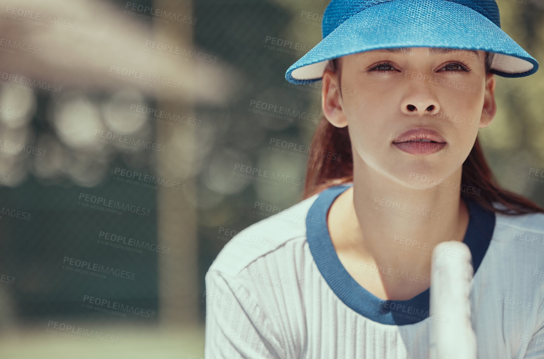 Buy stock photo Tennis player face, fitness and woman athlete on playing sports, match or games with tennis racket in Colombia outdoor. Tennis court girl with vision, focus and mindset in training to win competition
