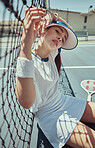 Tennis, woman relax and sports athlete player on tennis court outdoors. Young girl, fitness workout and exercise wellness rest after training or game for healthy lifestyle motivation in summer 