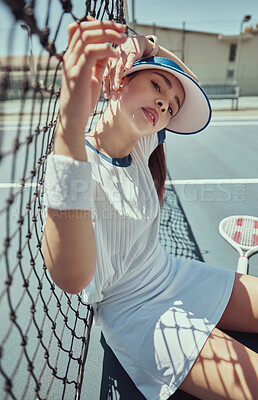 Buy stock photo Tennis, woman relax and sports athlete player on tennis court outdoors. Young girl, fitness workout and exercise wellness rest after training or game for healthy lifestyle motivation in summer 