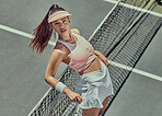 Tennis court, fashion and sports woman, portrait for fitness, exercise and training motivation for a healthy lifestyle. Aesthetic model outdoor for tennis, sport and workout for a competition or game