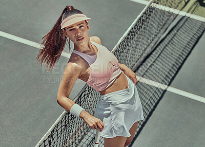 Buy stock photo Tennis court, fashion and sports woman, portrait for fitness, exercise and training motivation for a healthy lifestyle. Aesthetic model outdoor for tennis, sport and workout for a competition or game