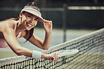 Tennis court, sports woman and outdoor portrait happy for training, workout or competition with goal, motivation and fitness. Athlete or tennis girl with smile for exercise or practice in summer sun