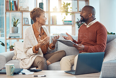 Buy stock photo Mature couple stress, finance and angry talking about budget, home loan and home tax with a list of expenses and a laptop. Black man and woman worried about bad financial debt and mortgage payment