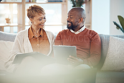 Buy stock photo Couple budget, home finance and loan planning, investment and savings, paperwork and admin documents for banking, tax and insurance. Black woman, black man and bills, retirement goals and investing 