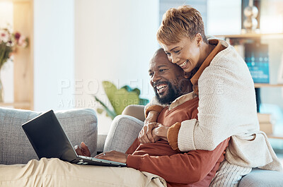 Buy stock photo Black couple, laptop and hug together with technology at home, watching a film or video call with 5g network. Black man, black woman and spending quality time on sofa, connection and streaming online