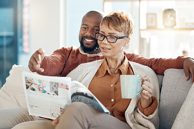 Buy stock photo Couple, bonding or reading magazine on sofa in house or home living room for travel ideas, holiday planning or vacation location planning. Happy smile, mature black woman and man with books or coffee